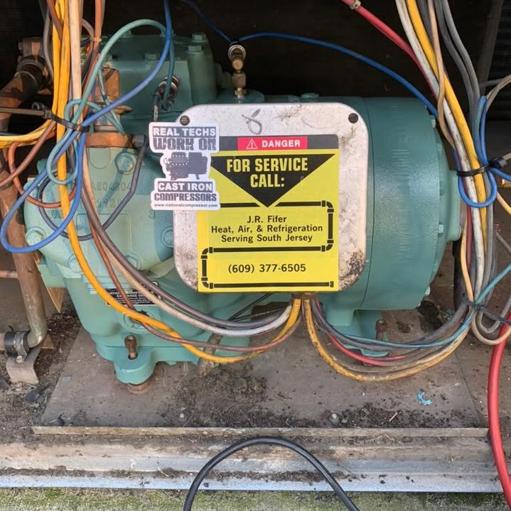 A J.R. Fifer commercial refrigeration unit with the company's service tag, South Jersey